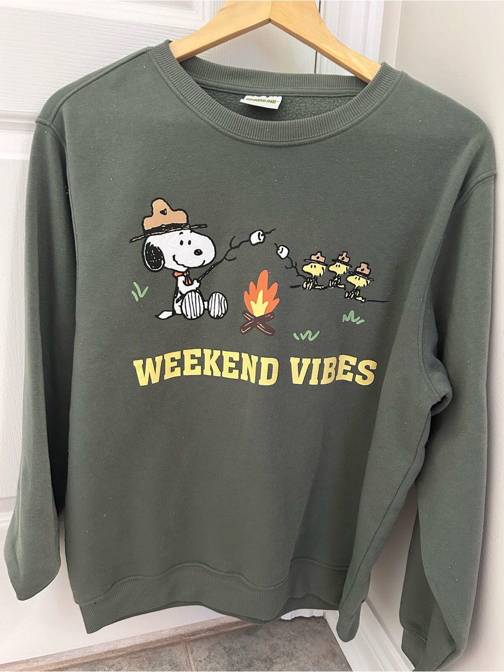 Peanuts Olive Green 'Weekend Vibes' Snoopy Crewneck Sweatshirt